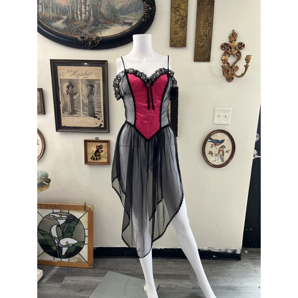 Vintage Nan Flower Sheer Black Hot Pink Lace Trim Hem Slip Lingerie Dress Size M